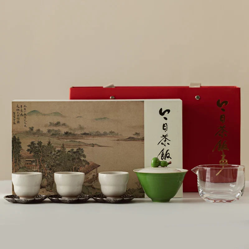 Traditional Chinese Kung Fu Tea Set  Grass Wood Ash Fu Yun Tea Gift Set Gourd Cover Bowl Ceramic Bowl One Pot Three Cups