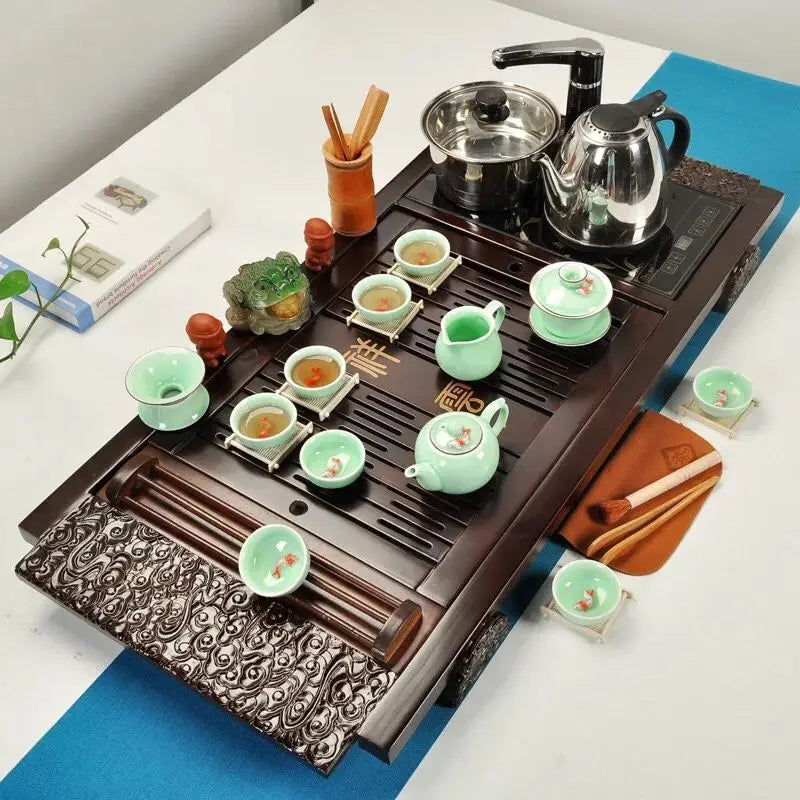 Classic 100% wooden Chinese Gongfu tea table, popular tea tray with induction cookers