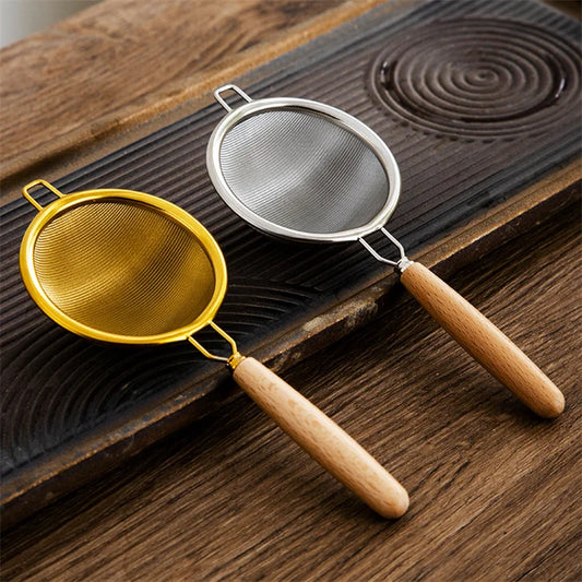 Harmony Wholesale Custom Wooden Stainless Steel Handheld Strainer Small Golden Filter Colander Micromesh Sifter Tea Matcha Sieve