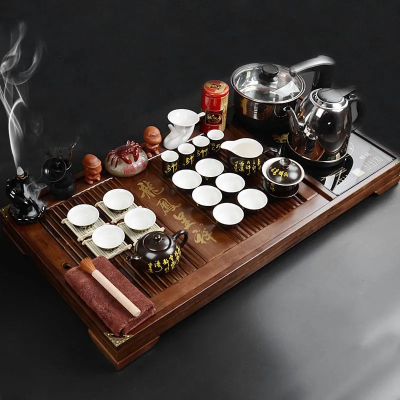 Hot selling wooden tea tray with tea set gaiwan teacup commercial gift kongfu tea table home and office use