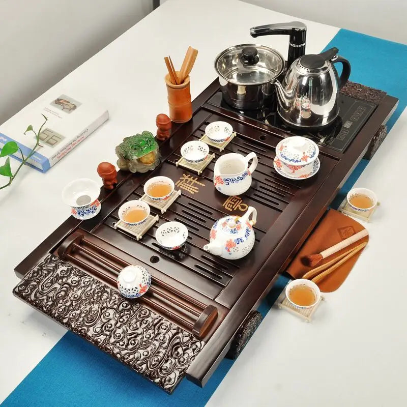 Classic 100% wooden Chinese Gongfu tea table, popular tea tray with induction cookers