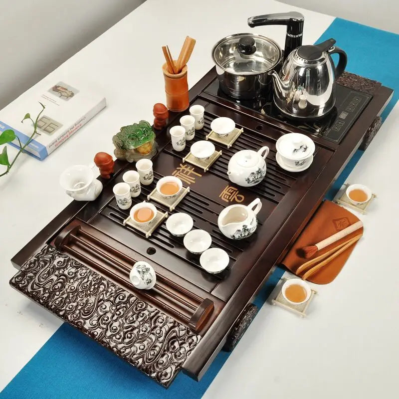 Classic 100% wooden Chinese Gongfu tea table, popular tea tray with induction cookers