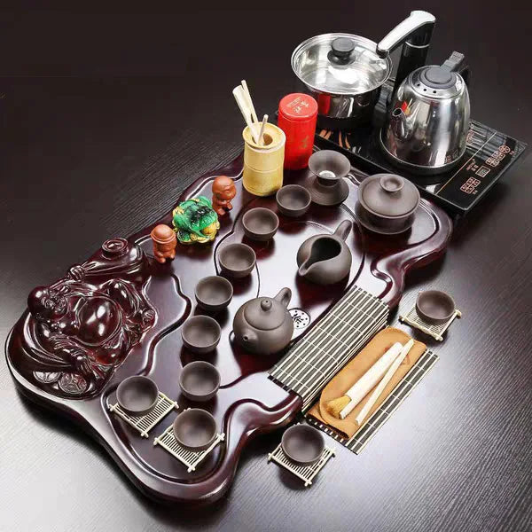 Chinese famous wooden tea tray, Kongfu tea set with tea pot, cups and all tea ceremony accessories