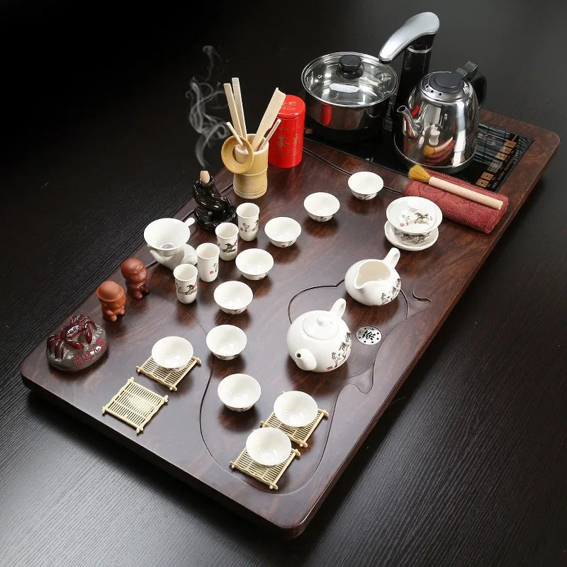 Chinese traditional wooden tea tray with all tea pots and cups hot selling kongfu tea table