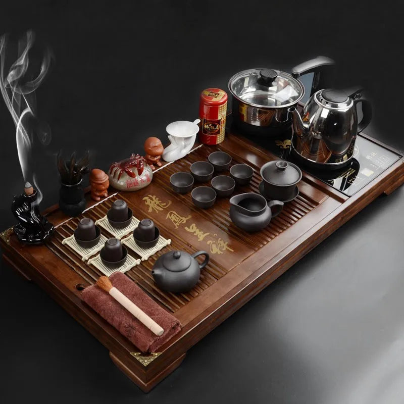 Hot selling wooden tea tray with tea set gaiwan teacup commercial gift kongfu tea table home and office use