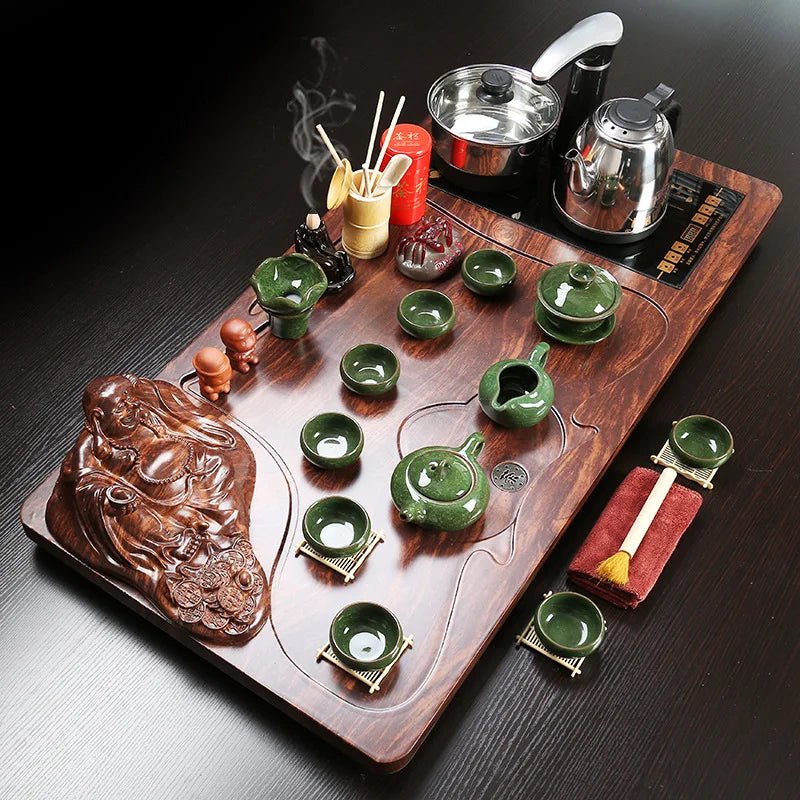 Hot selling Chinese kongfu wooden tea tray with all tea pot cups gaiwan tea table