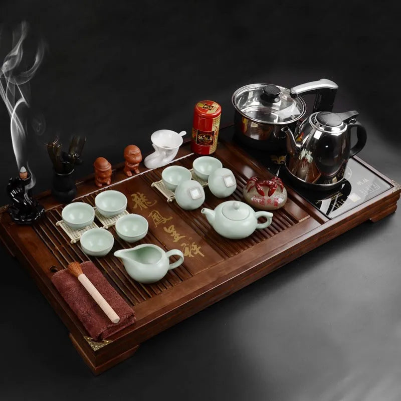 Hot selling wooden tea tray with tea set gaiwan teacup commercial gift kongfu tea table home and office use