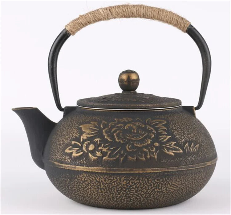 Harmony High Sale Kungfu tea set cast iron teapot 0.9L peony pattern iron kettle tea pot