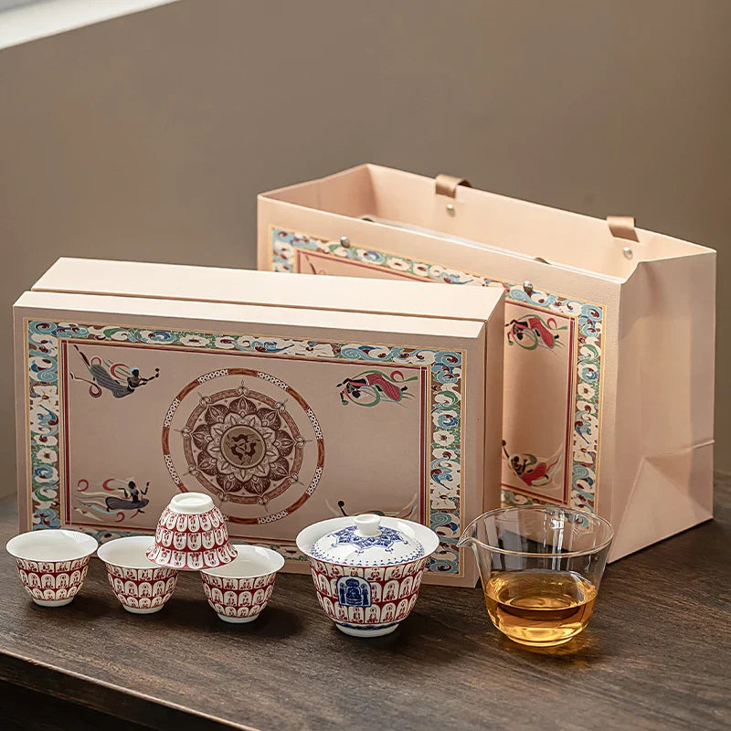 Dunhuang Thousand Buddha Ceramic Tea Set Home-style Infuser Bowl with Teacup Cover and Chinese Gift Box Drinkware