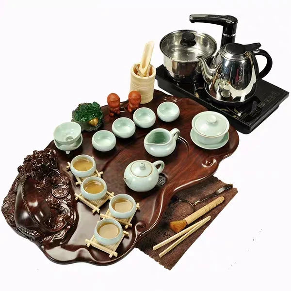 Chinese famous wooden tea tray, Kongfu tea set with tea pot, cups and all tea ceremony accessories