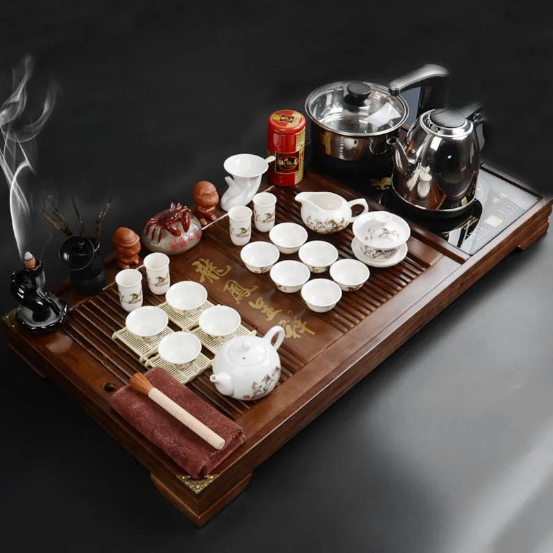 Hot selling wooden tea tray with tea set gaiwan teacup commercial gift kongfu tea table home and office use