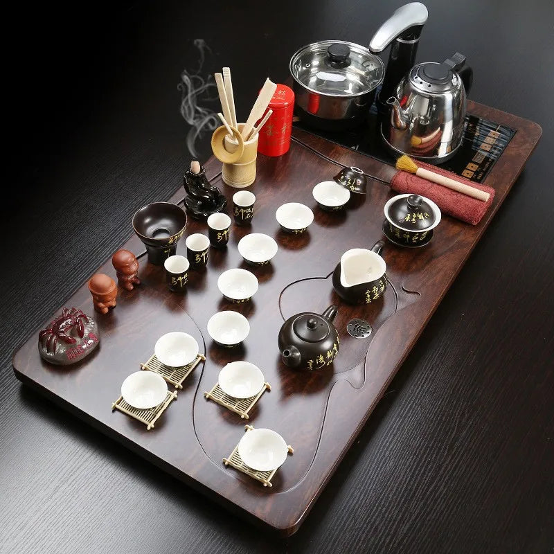 Chinese traditional wooden tea tray with all tea pots and cups hot selling kongfu tea table