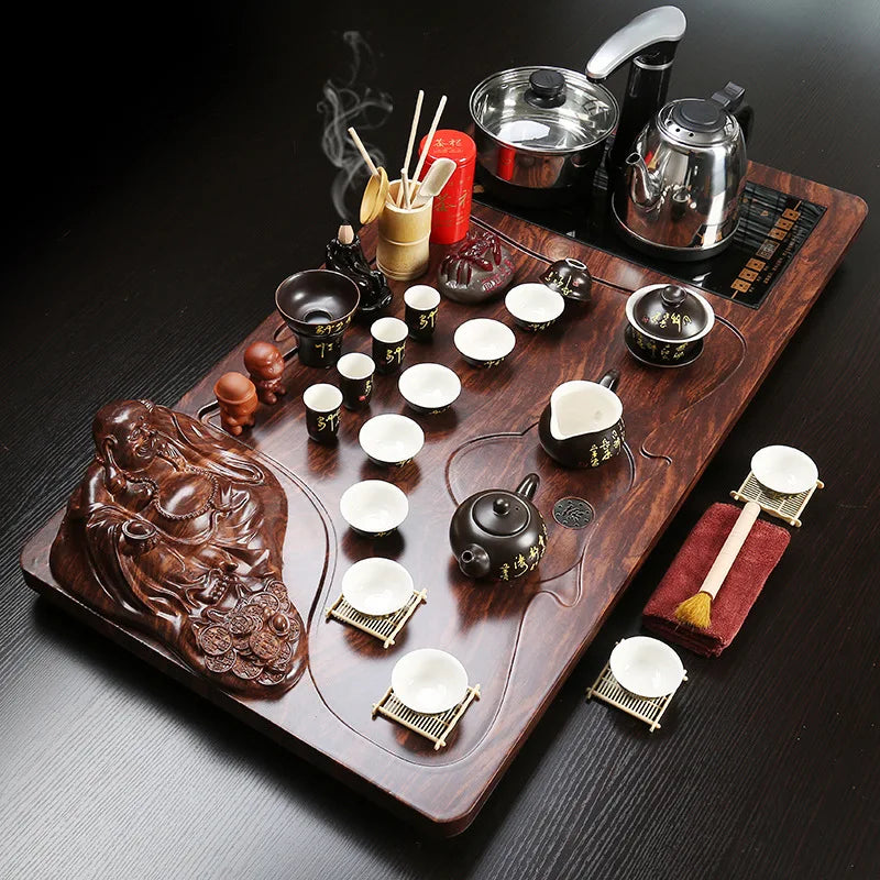 Hot selling Chinese kongfu wooden tea tray with all tea pot cups gaiwan tea table