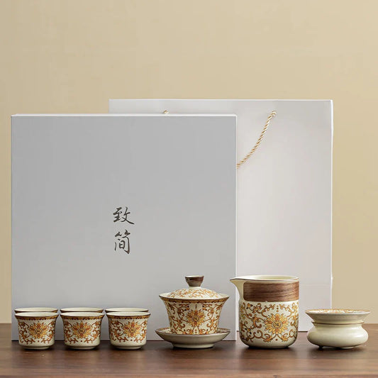 Ru Kiln Golden Flower Youfu Tea Gift Box Set Luxury Chinese New Ceramic Tea Cups Home Living Room Office Meeting Kung Fu Tea Set