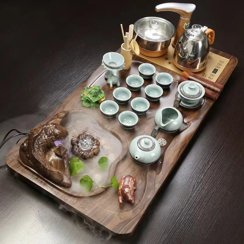 Wholesales tea tray wooden tea table with pots cups and tea pets hot selling boards