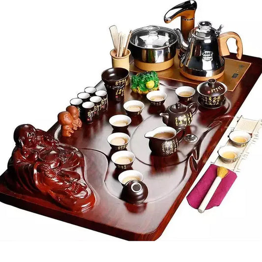 Chinese famous wooden tea tray, Kongfu tea set with tea pot, cups and all tea ceremony accessories