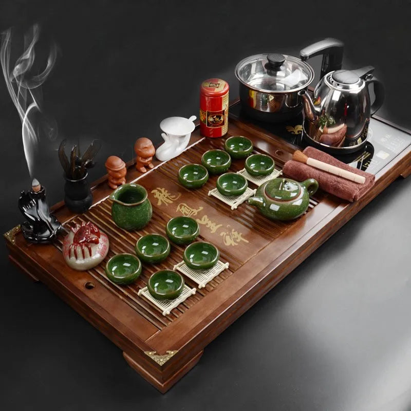 Hot selling wooden tea tray with tea set gaiwan teacup commercial gift kongfu tea table home and office use