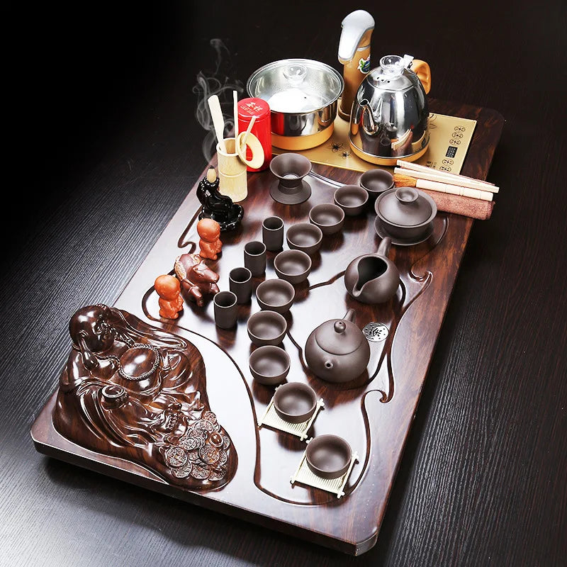 Hot selling Chinese kongfu wooden tea tray with all tea pot cups gaiwan tea table