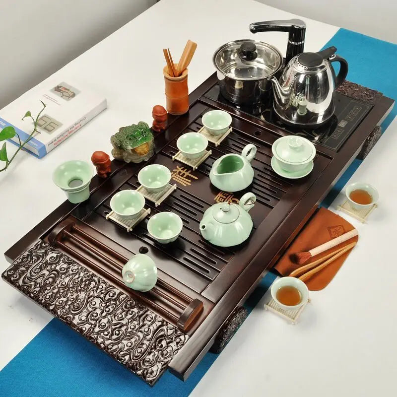 Classic 100% wooden Chinese Gongfu tea table, popular tea tray with induction cookers