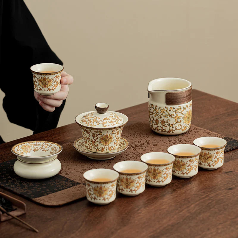 Ru Kiln Golden Flower Youfu Tea Gift Box Set Luxury Chinese New Ceramic Tea Cups Home Living Room Office Meeting Kung Fu Tea Set