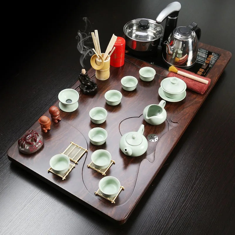 Chinese traditional wooden tea tray with all tea pots and cups hot selling kongfu tea table