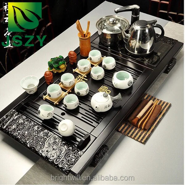 Classic 100% wooden Chinese Gongfu tea table, popular tea tray with induction cookers