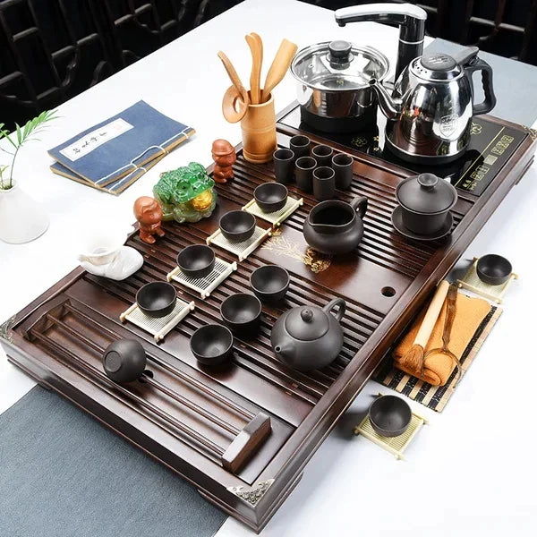 Hot sell Chinese Kungfu tea tray, wooden table with tea cup, pot and Gaiwan