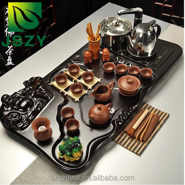 Hot sell Chinese Kungfu tea tray, wooden table with tea cup, pot and Gaiwan