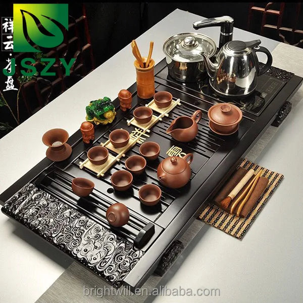 Hot sell Chinese Kungfu tea tray, wooden table with tea cup, pot and Gaiwan