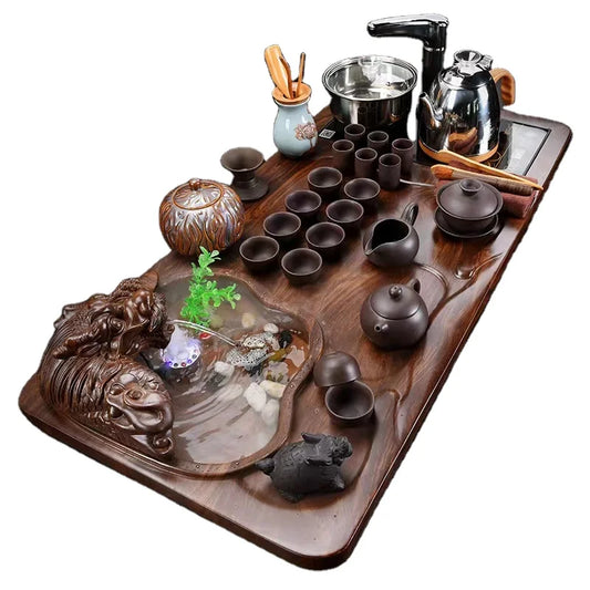 Wholesales tea tray wooden tea table with pots cups and tea pets hot selling boards