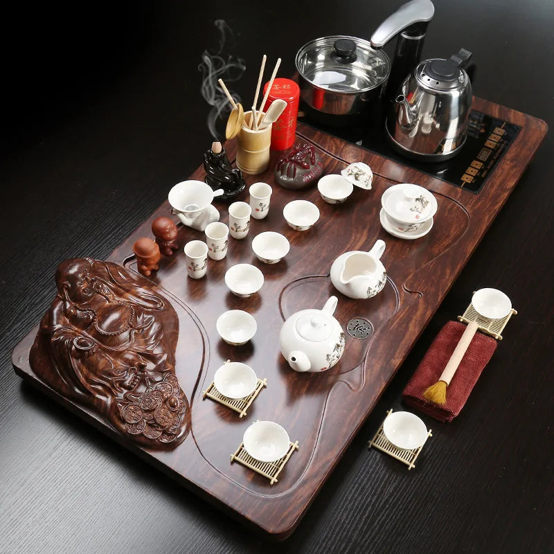 Hot selling Chinese kongfu wooden tea tray with all tea pot cups gaiwan tea table