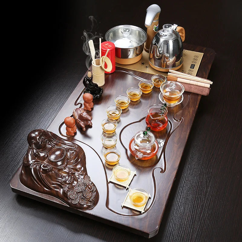 Hot selling Chinese kongfu wooden tea tray with all tea pot cups gaiwan tea table