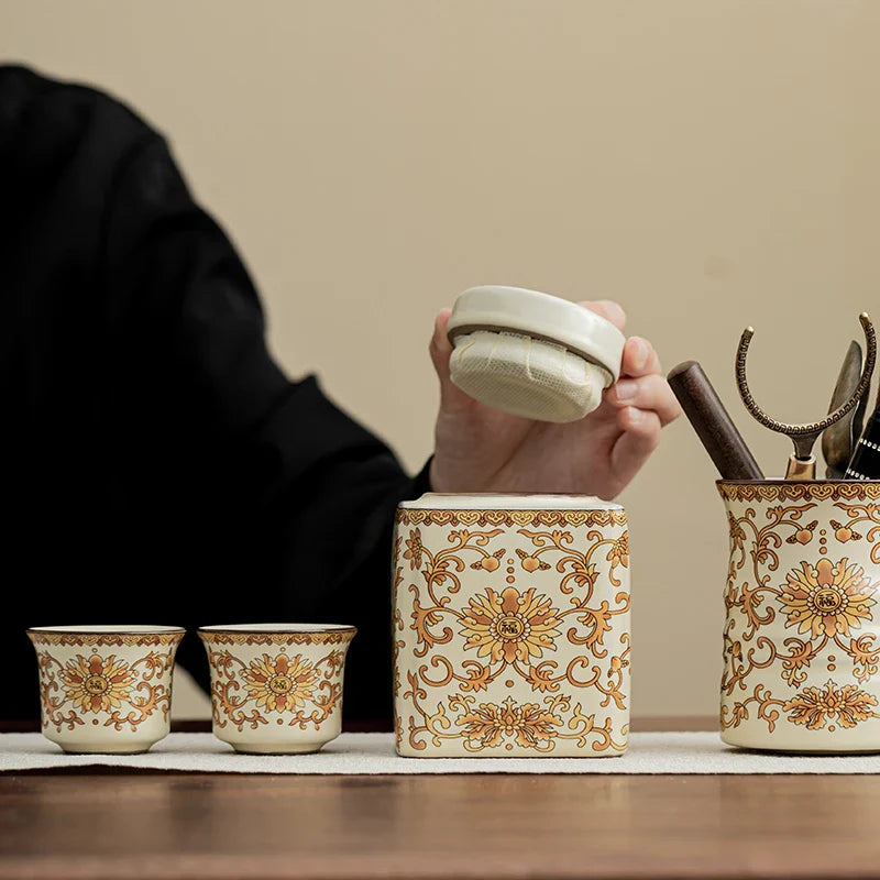 Ru Kiln Golden Flower Series Multi-piece Ceramic Tea Set Chinese Style  Retro Home Kung Fu Tea Gift Box Set