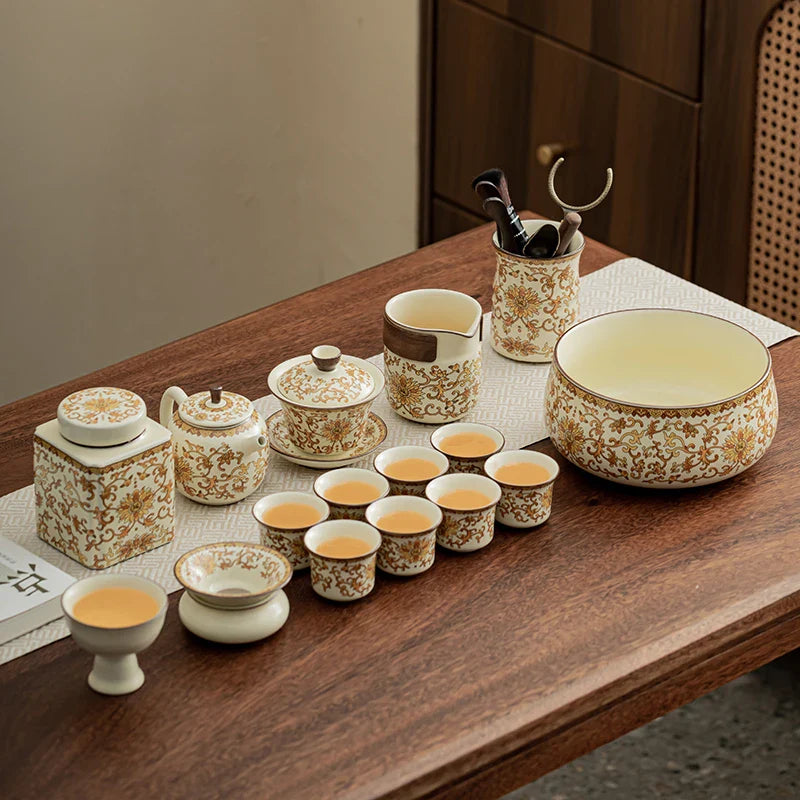 Ru Kiln Golden Flower Series Multi-piece Ceramic Tea Set Chinese Style  Retro Home Kung Fu Tea Gift Box Set