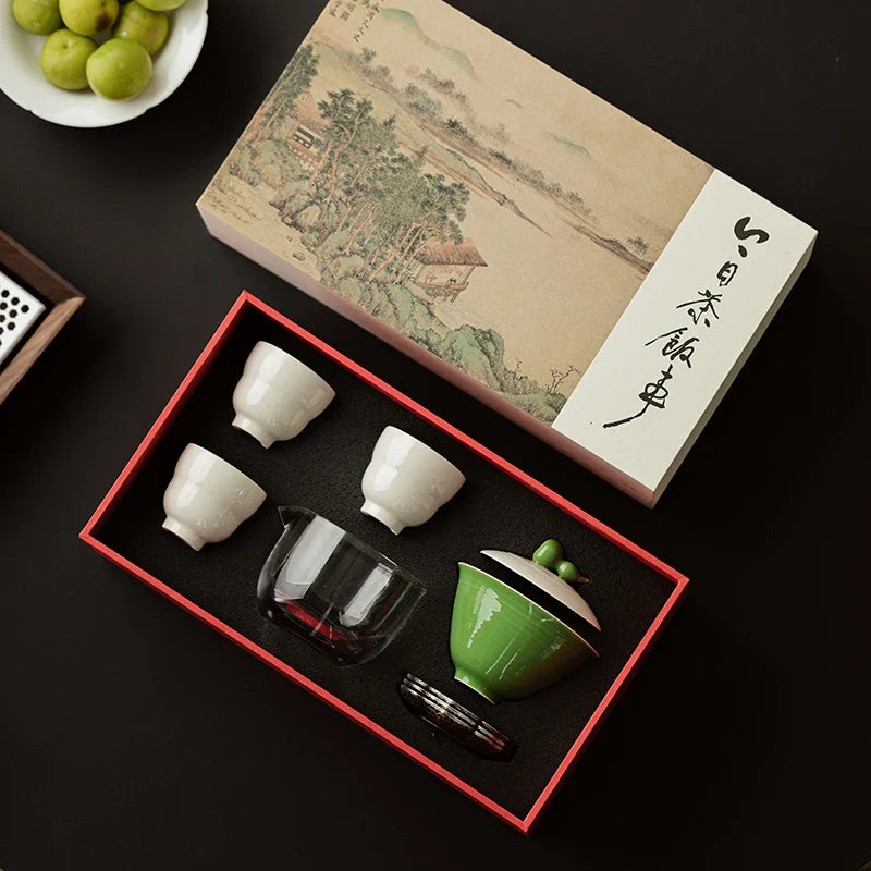 Traditional Chinese Kung Fu Tea Set  Grass Wood Ash Fu Yun Tea Gift Set Gourd Cover Bowl Ceramic Bowl One Pot Three Cups