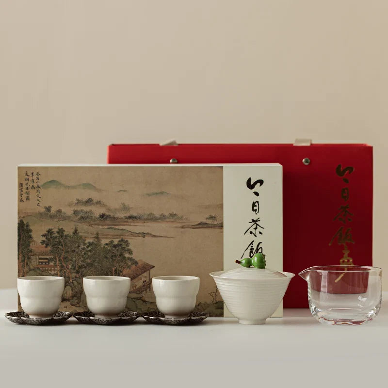 Traditional Chinese Kung Fu Tea Set  Grass Wood Ash Fu Yun Tea Gift Set Gourd Cover Bowl Ceramic Bowl One Pot Three Cups