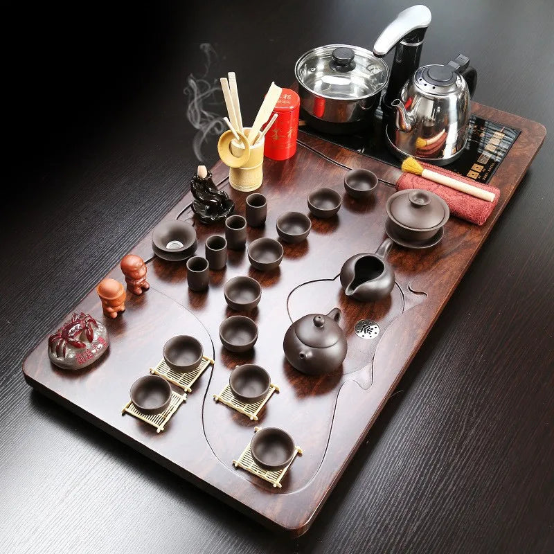 Chinese traditional wooden tea tray with all tea pots and cups hot selling kongfu tea table