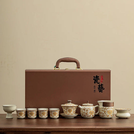 Ru Kiln Golden Flower Series Multi-piece Ceramic Tea Set Chinese Style  Retro Home Kung Fu Tea Gift Box Set