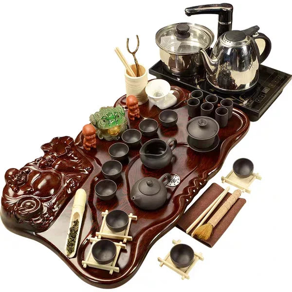 Chinese famous wooden tea tray, Kongfu tea set with tea pot, cups and all tea ceremony accessories