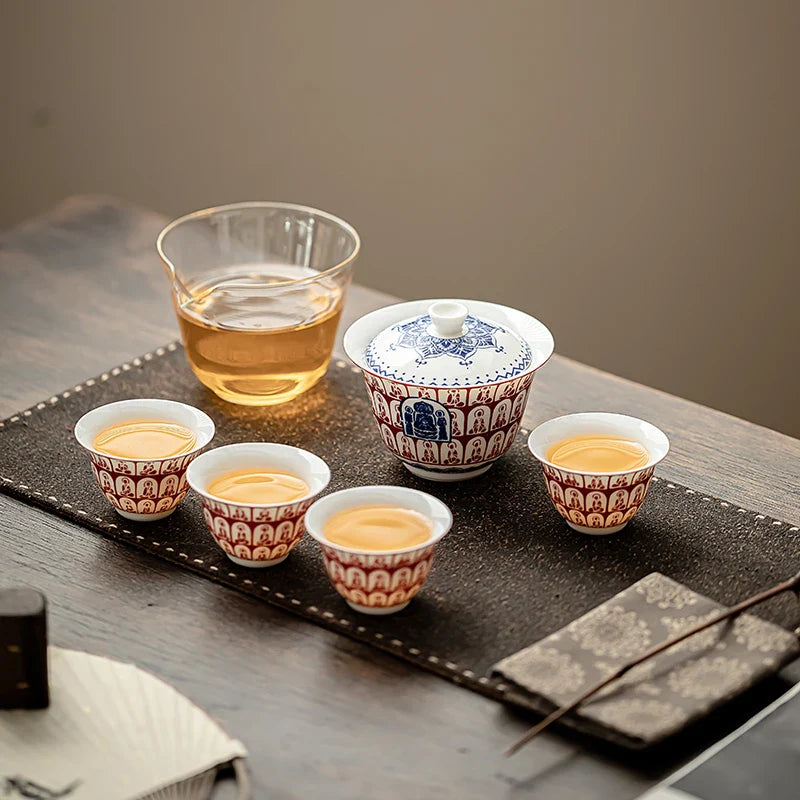 Dunhuang Thousand Buddha Ceramic Tea Set Home-style Infuser Bowl with Teacup Cover and Chinese Gift Box Drinkware