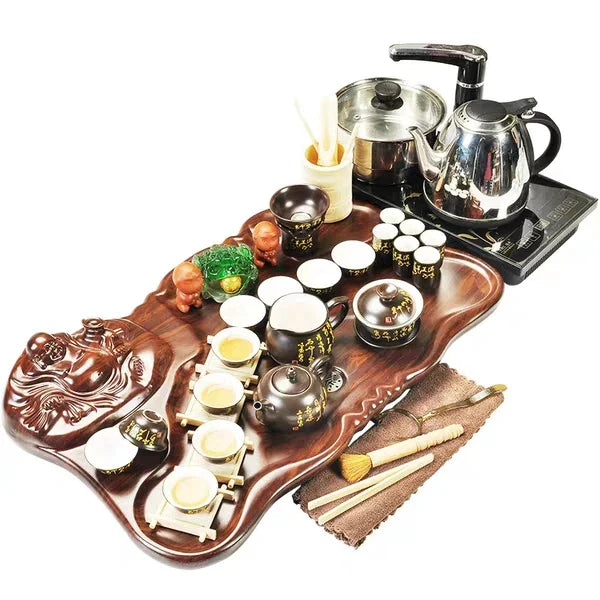 Chinese famous wooden tea tray, Kongfu tea set with tea pot, cups and all tea ceremony accessories