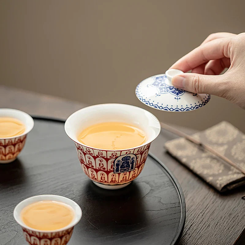 Dunhuang Thousand Buddha Ceramic Tea Set Home-style Infuser Bowl with Teacup Cover and Chinese Gift Box Drinkware